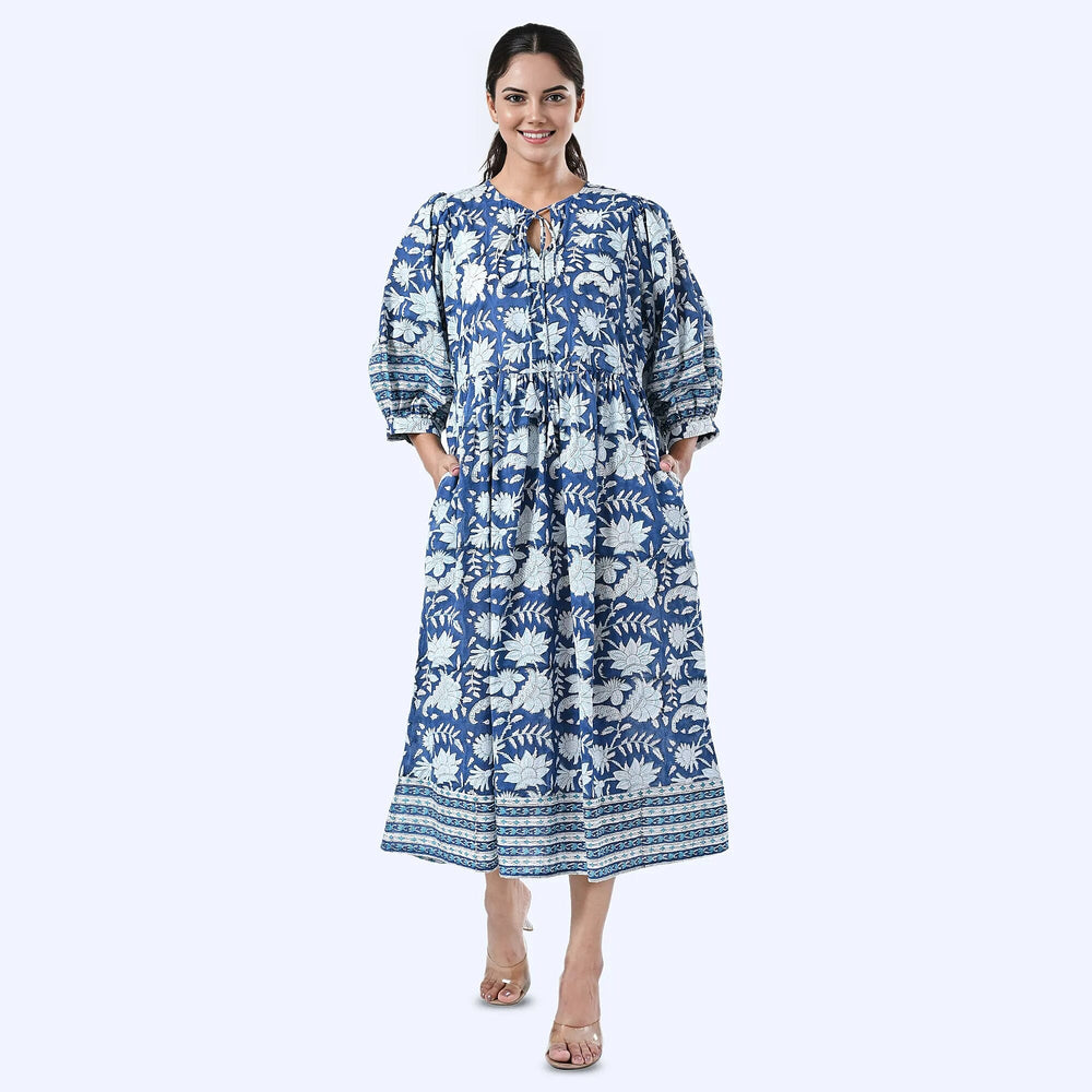 THE HANDMADE LUXURY - Sukriti 100% Cotton Bohemian Hand Block Printed Midi Dress (Size S) - Navy - White