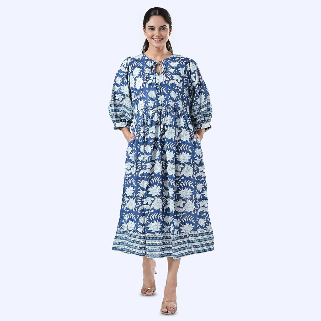 THE HANDMADE LUXURY - Sukriti 100% Cotton Bohemian Hand Block Printed Midi Dress (Size S) - Navy - White