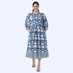 THE HANDMADE LUXURY - Sukriti 100% Cotton Bohemian Hand Block Printed Midi Dress (Size S) - Navy - White