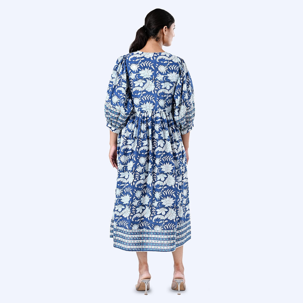 THE HANDMADE LUXURY - Sukriti 100% Cotton Bohemian Hand Block Printed Midi Dress (Size S) - Navy - White