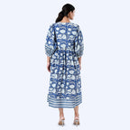 THE HANDMADE LUXURY - Sukriti 100% Cotton Bohemian Hand Block Printed Midi Dress (Size S) - Navy - White