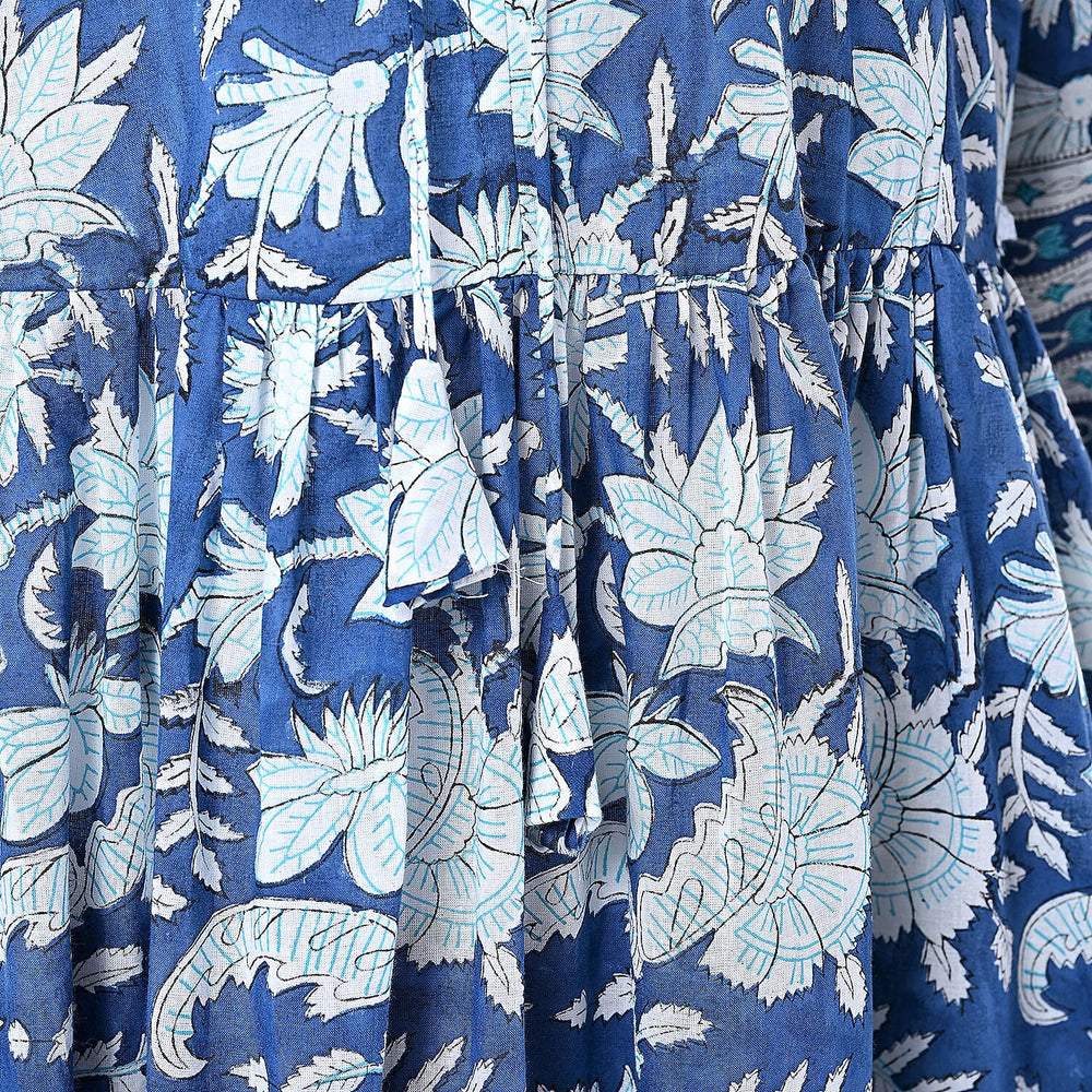 THE HANDMADE LUXURY - Sukriti 100% Cotton Bohemian Hand Block Printed Midi Dress (Size S) - Navy - White