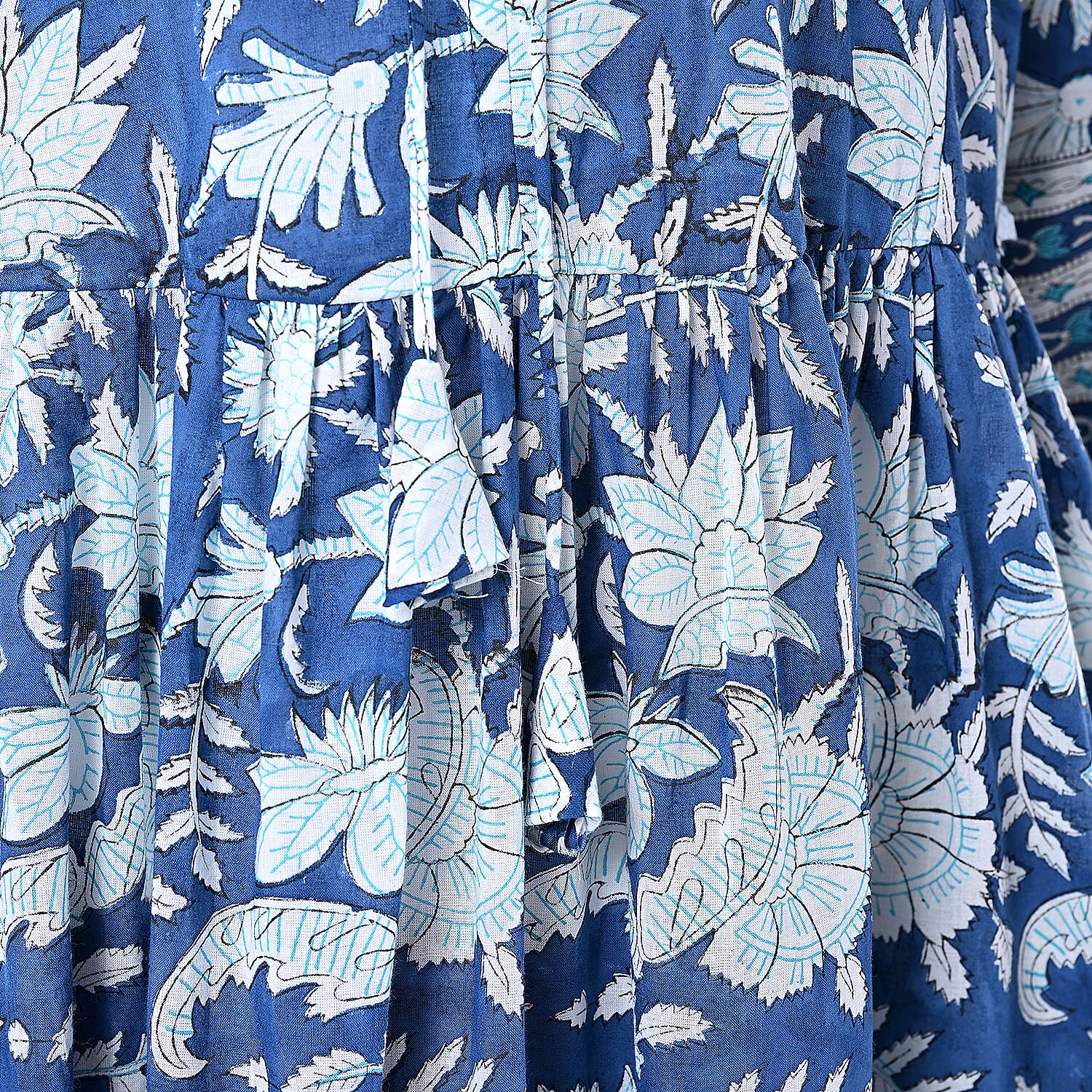 THE HANDMADE LUXURY - Sukriti 100% Cotton Bohemian Hand Block Printed Midi Dress (Size S) - Navy - White