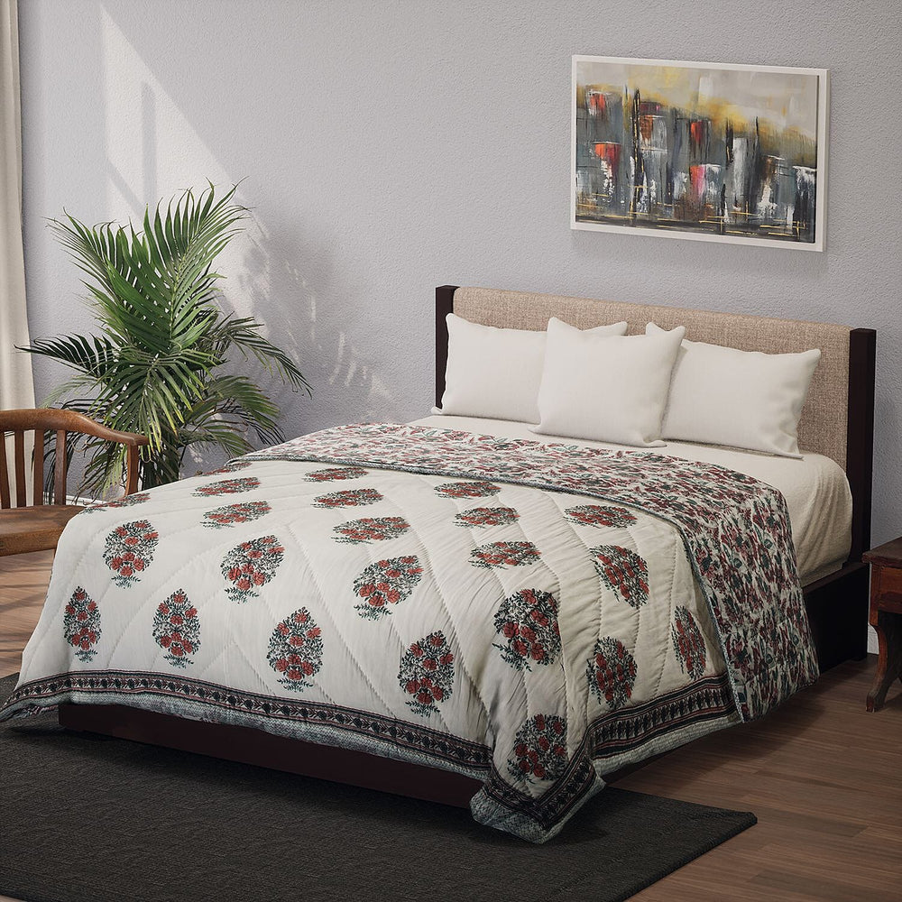 100% Cotton Sanganer Printed Quilt (Double Size, 200x200 cm) - Teal Blue - Red