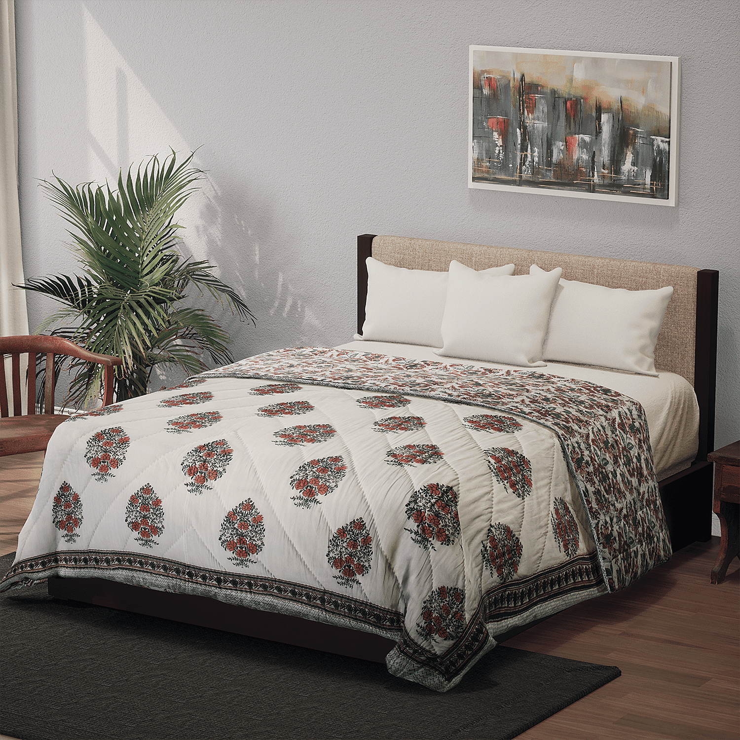 100% Cotton Sanganer Printed Quilt (Double Size, 200x200 cm) - Teal Blue - Red