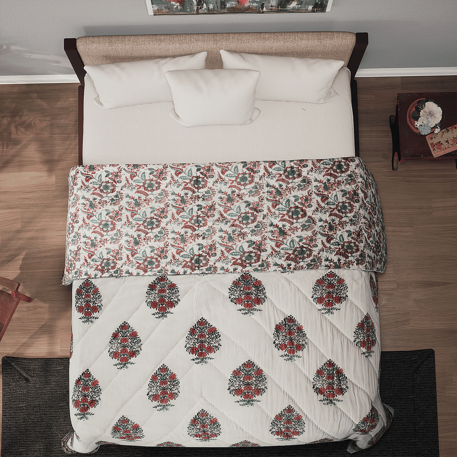 100% Cotton Sanganer Printed Quilt (Double Size, 200x200 cm) - Teal Blue - Red