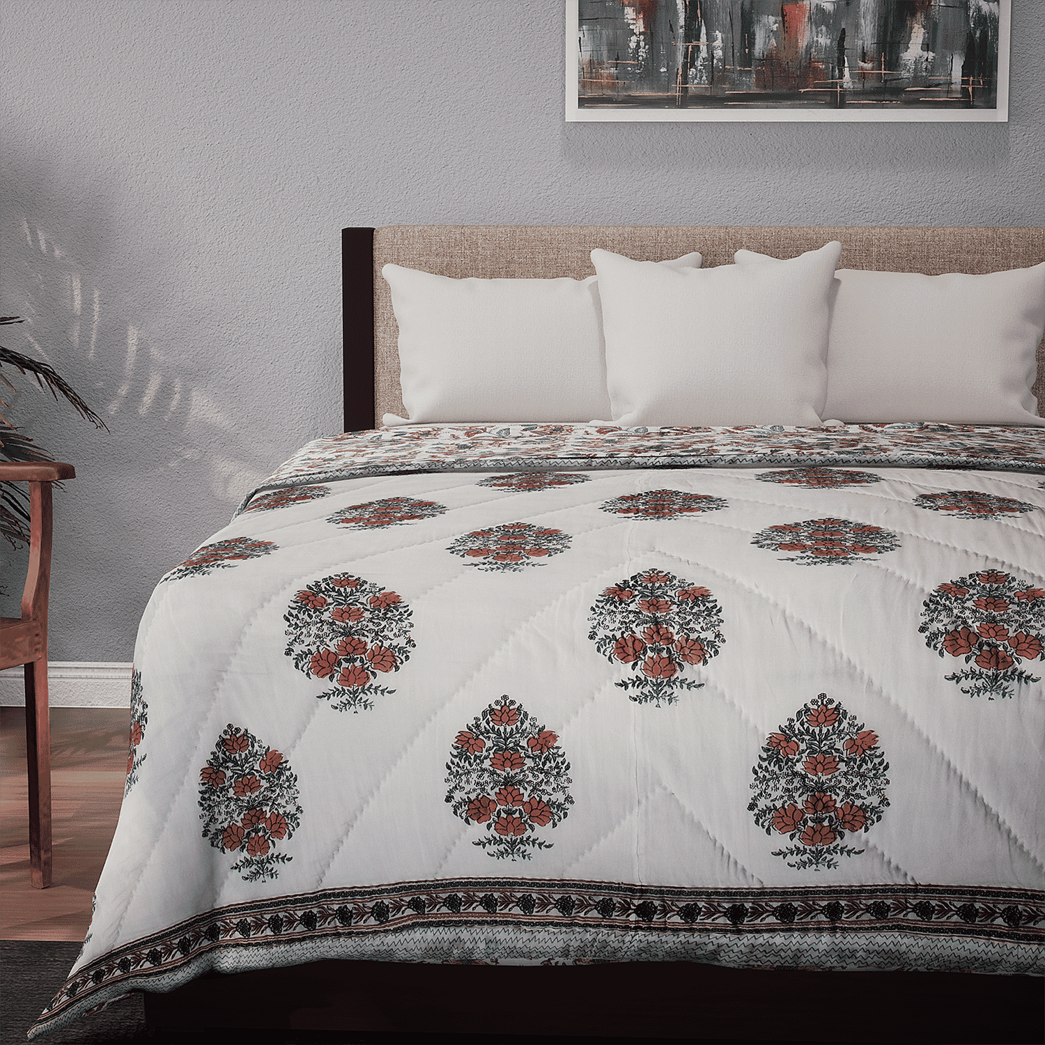 100% Cotton Sanganer Printed Quilt (Double Size, 200x200 cm) - Teal Blue - Red