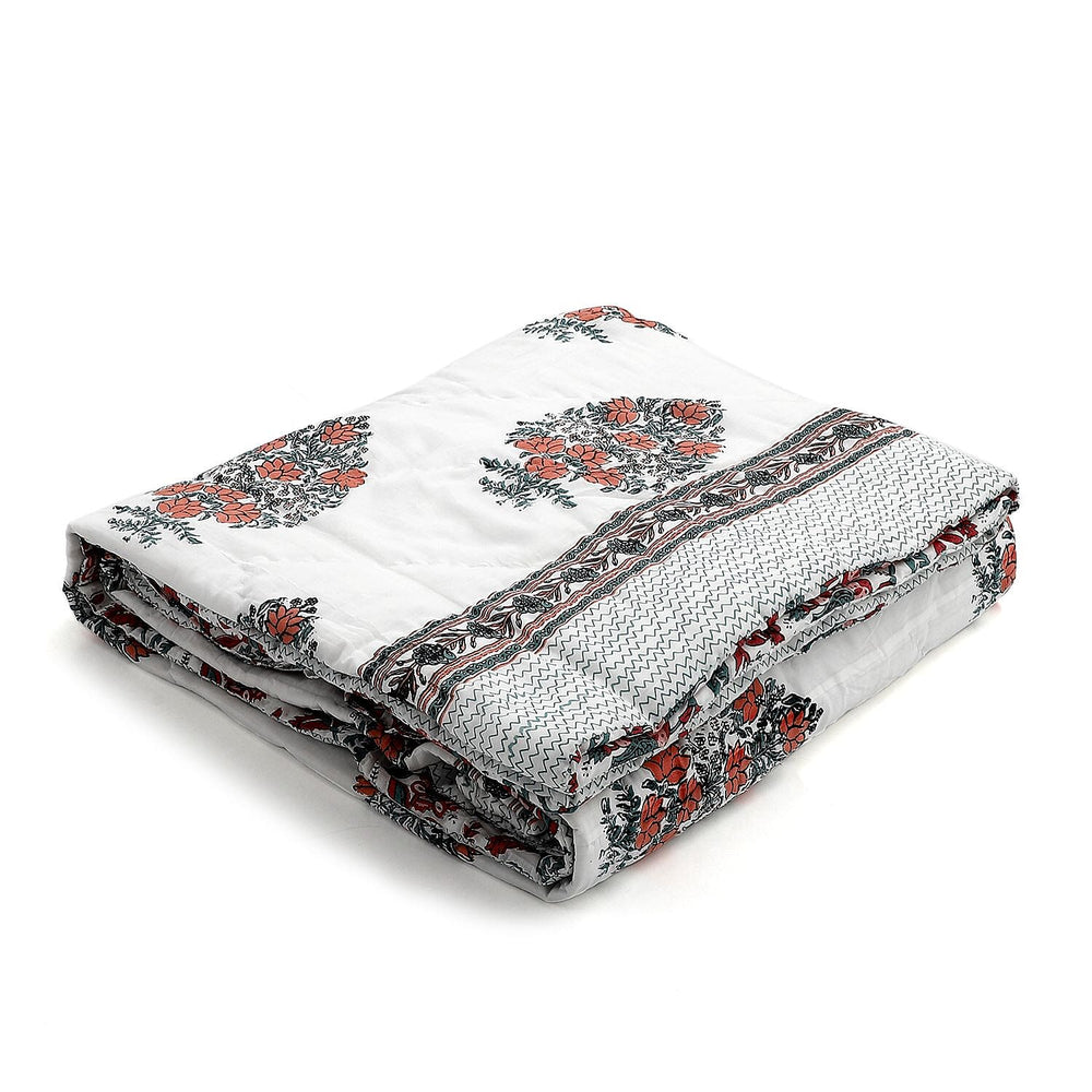 100% Cotton Sanganer Printed Quilt (Double Size, 200x200 cm) - Teal Blue - Red