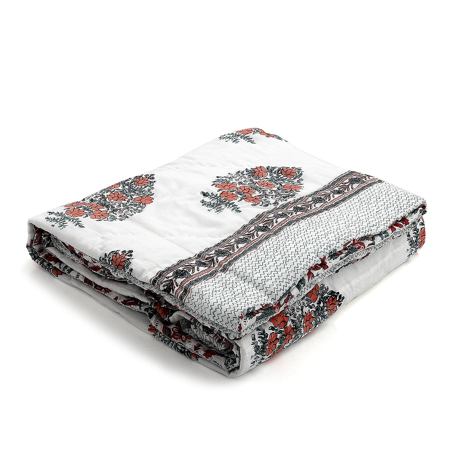 100% Cotton Sanganer Printed Quilt (Double Size, 200x200 cm) - Teal Blue - Red