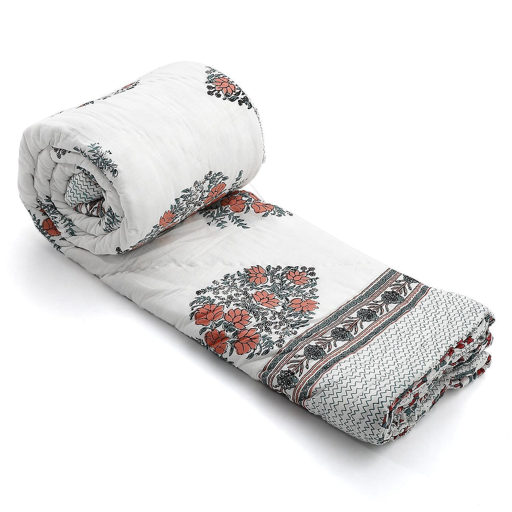 100% Cotton Sanganer Printed Quilt (Double Size, 200x200 cm) - Teal Blue - Red