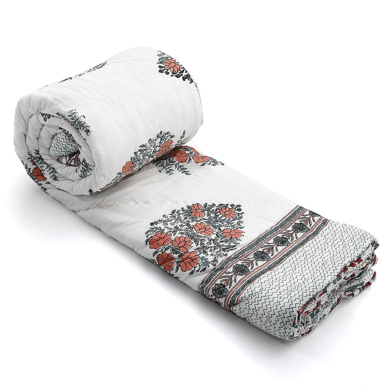 100% Cotton Sanganer Printed Quilt (Double Size, 200x200 cm) - Teal Blue - Red