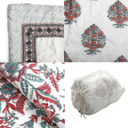 100% Cotton Sanganer Printed Quilt (Double Size, 200x200 cm) - Teal Blue - Red