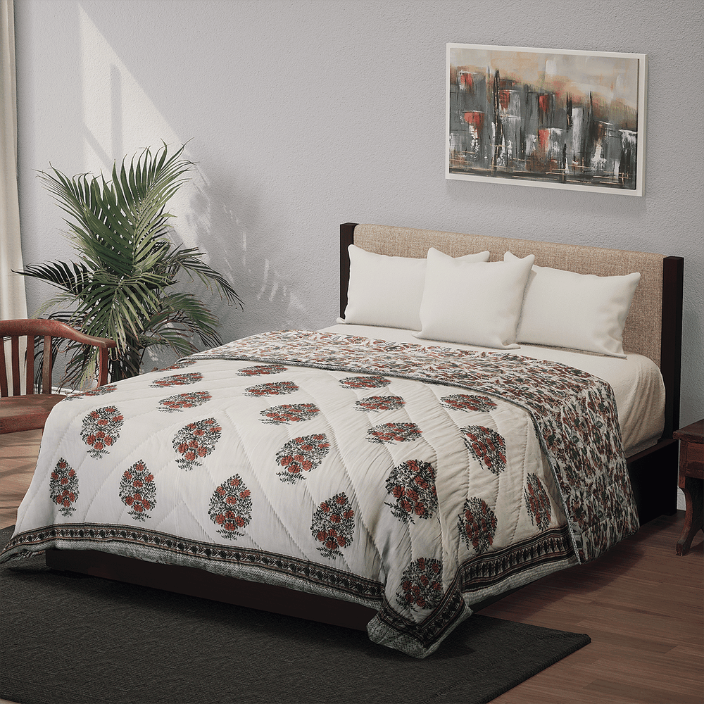 100% Cotton SANGANER Printed Quilt (King Size, 270x220 cm) - Teal Blue and Red