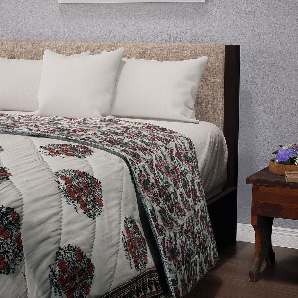 100% Cotton SANGANER Printed Quilt (King Size, 270x220 cm) - Teal Blue and Red