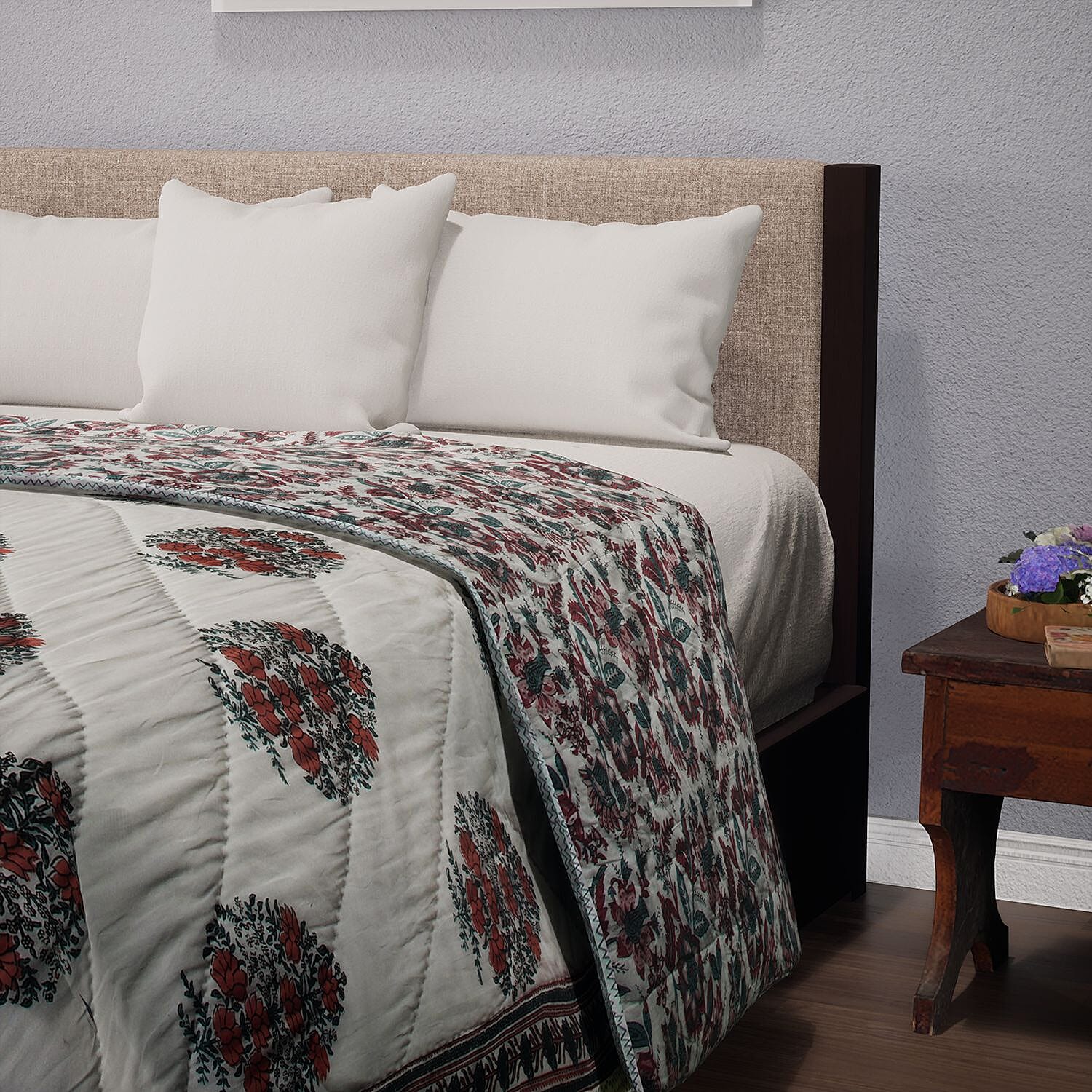 100% Cotton SANGANER Printed Quilt (King Size, 270x220 cm) - Teal Blue and Red