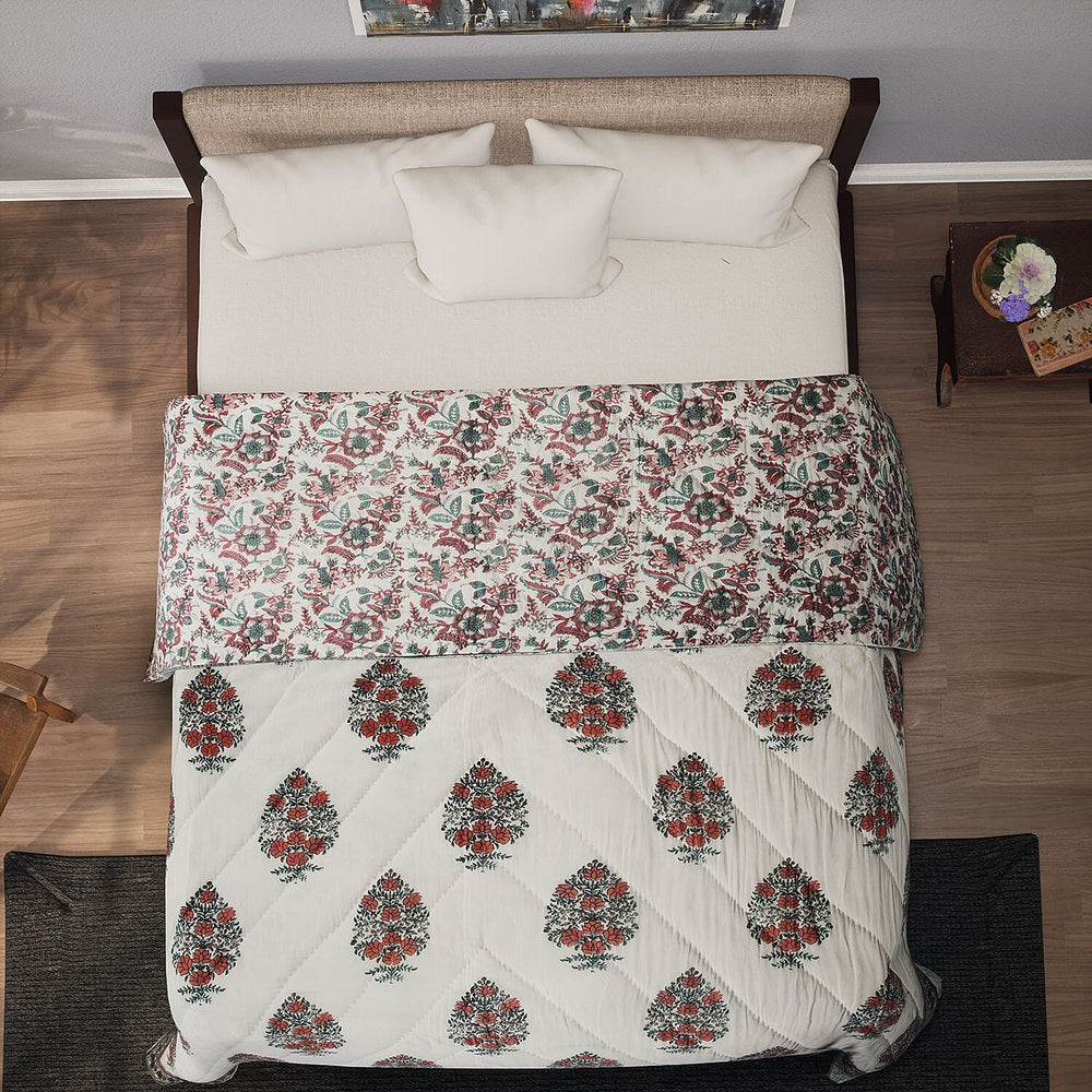 100% Cotton SANGANER Printed Quilt (King Size, 270x220 cm) - Teal Blue and Red