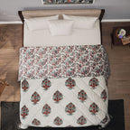 100% Cotton SANGANER Printed Quilt (King Size, 270x220 cm) - Teal Blue and Red