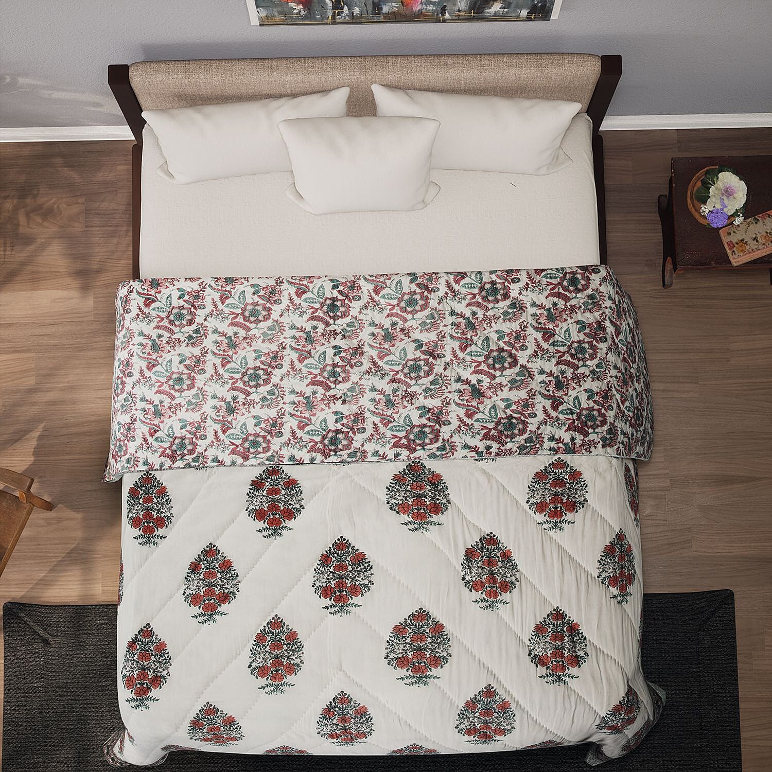 100% Cotton SANGANER Printed Quilt (King Size, 270x220 cm) - Teal Blue and Red