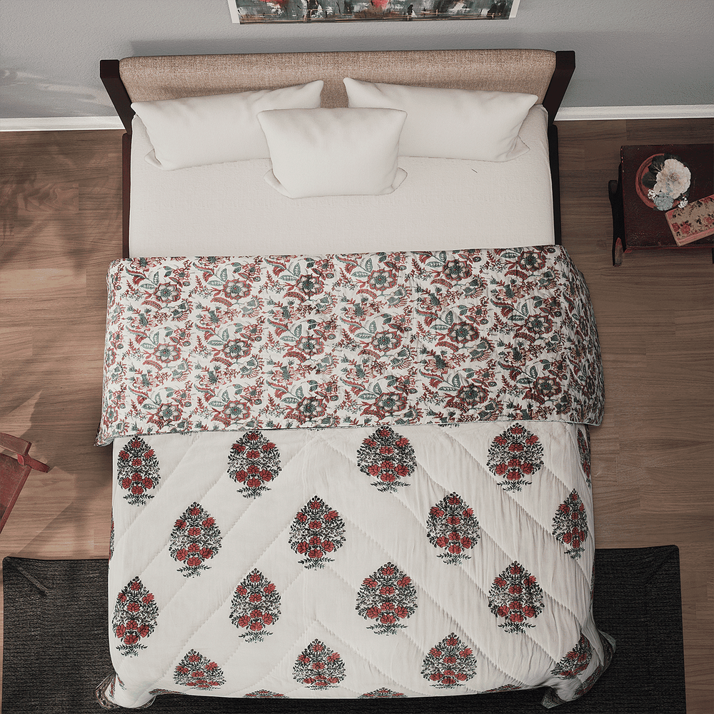 100% Cotton SANGANER Printed Quilt (King Size, 270x220 cm) - Teal Blue and Red