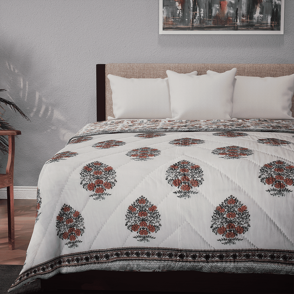 100% Cotton SANGANER Printed Quilt (King Size, 270x220 cm) - Teal Blue and Red