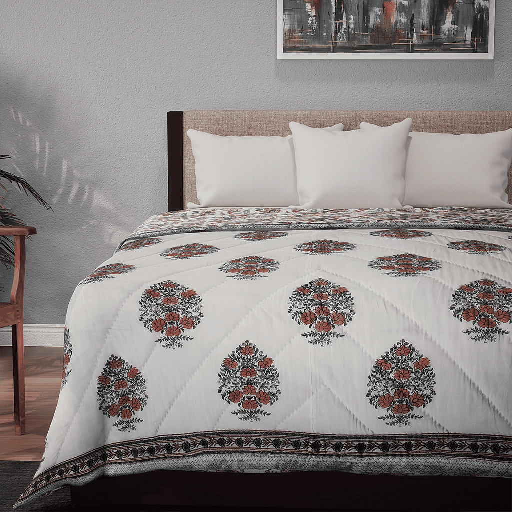 100% Cotton SANGANER Printed Quilt (King Size, 270x220 cm) - Teal Blue and Red