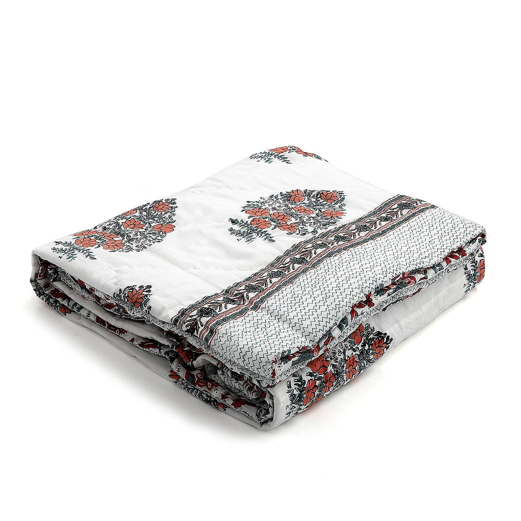 100% Cotton SANGANER Printed Quilt (King Size, 270x220 cm) - Teal Blue and Red