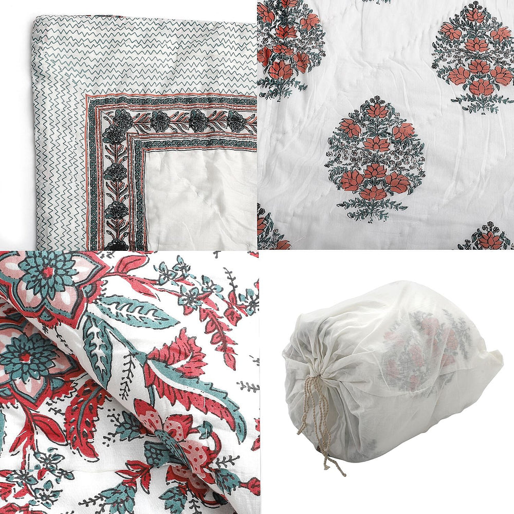 100% Cotton SANGANER Printed Quilt (King Size, 270x220 cm) - Teal Blue and Red