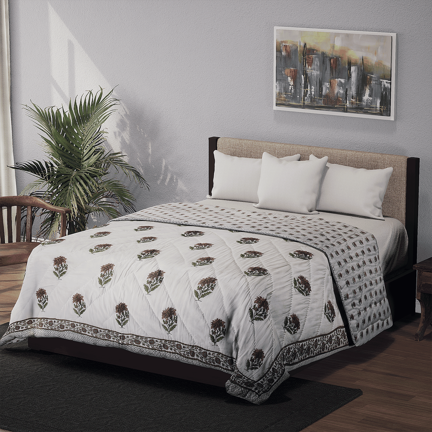 100% Cotton SANGANER Printed Quilt Comes with Bag (King Size, 270x220 cm) - Pink - Olive Green