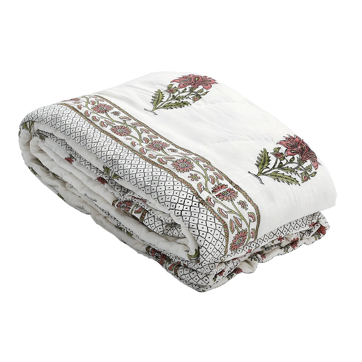 100% Cotton SANGANER Printed Quilt Comes with Bag (King Size, 270x220 cm) - Pink - Olive Green
