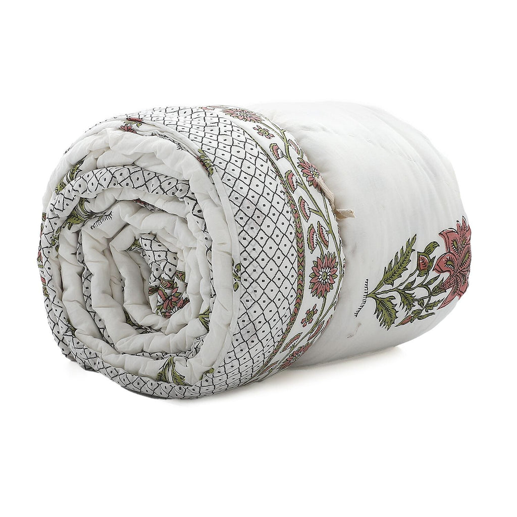 100% Cotton SANGANER Printed Quilt Comes with Bag (King Size, 270x220 cm) - Pink - Olive Green