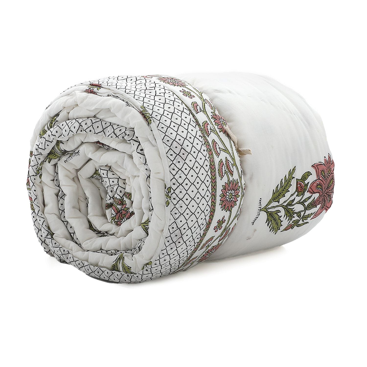 100% Cotton SANGANER Printed Quilt Comes with Bag (King Size, 270x220 cm) - Pink - Olive Green