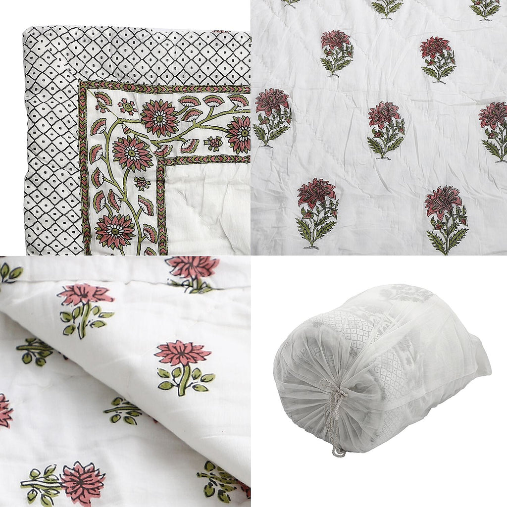 100% Cotton SANGANER Printed Quilt Comes with Bag (King Size, 270x220 cm) - Pink - Olive Green