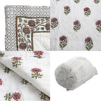 100% Cotton SANGANER Printed Quilt Comes with Bag (King Size, 270x220 cm) - Pink - Olive Green
