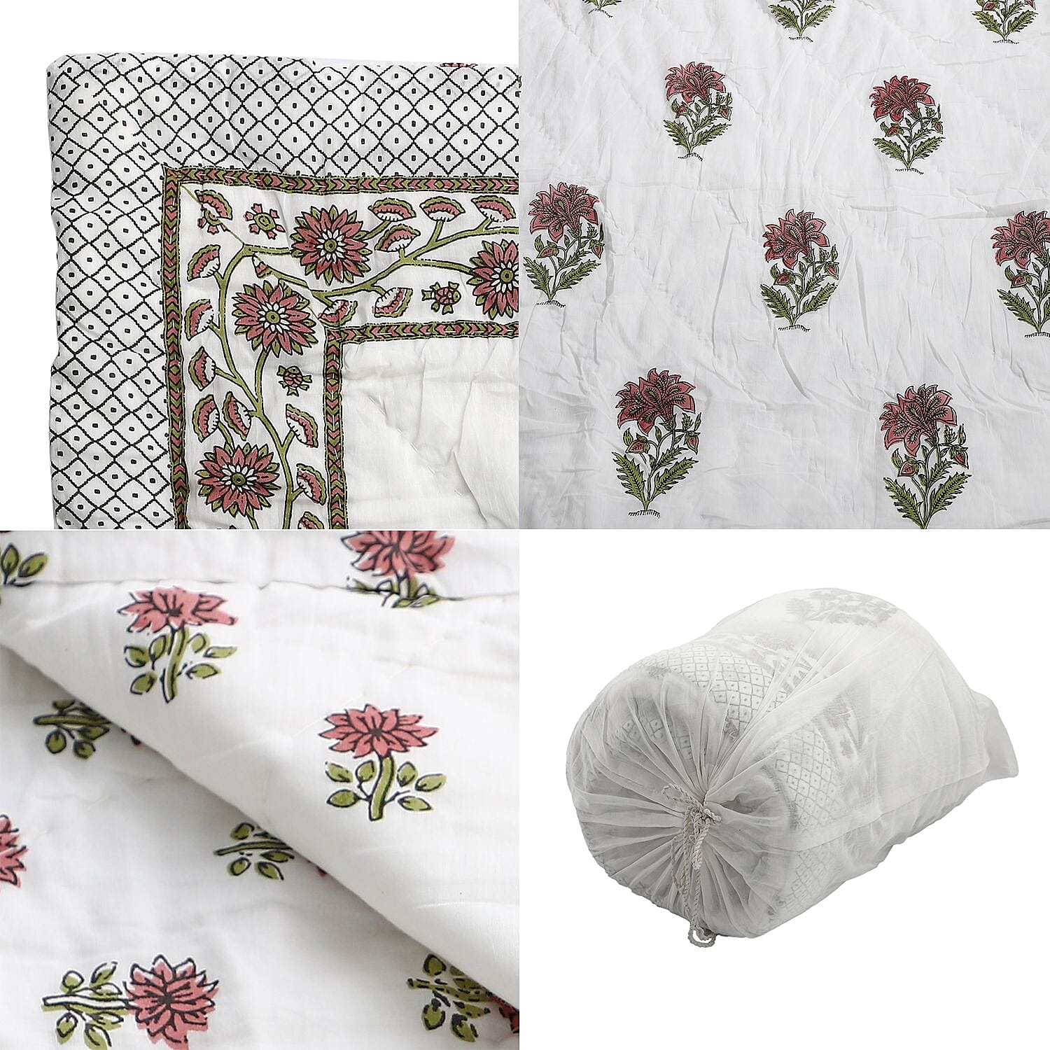 100% Cotton SANGANER Printed Quilt Comes with Bag (King Size, 270x220 cm) - Pink - Olive Green