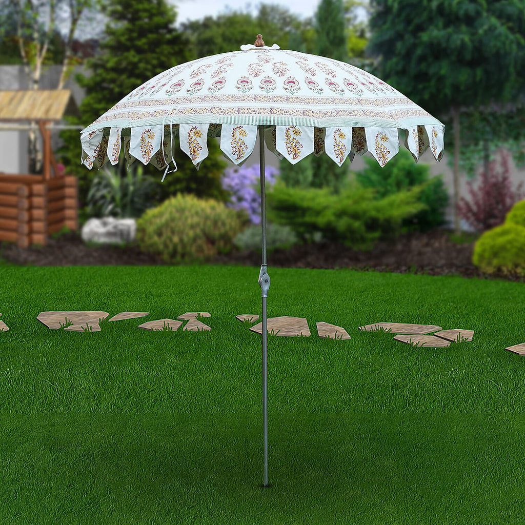 100% Cotton Canvas Block Printed Ethnic Parasol Size (6 Ft. Dia. Shade and 8 Ft. Long Pole) - Orange - Green