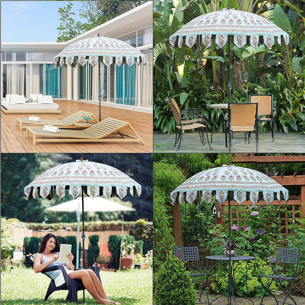 100% Cotton Canvas Block Printed Ethnic Parasol Size (6 Ft. Dia. Shade and 8 Ft. Long Pole) - Orange - Green