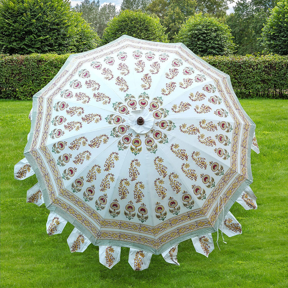100% Cotton Canvas Block Printed Ethnic Parasol Size (6 Ft. Dia. Shade and 8 Ft. Long Pole) - Orange - Green