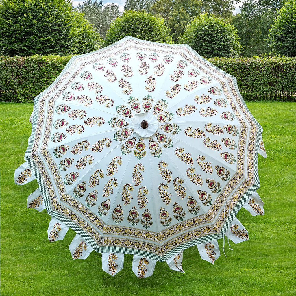 100% Cotton Canvas Block Printed Ethnic Parasol Size (6 Ft. Dia. Shade and 8 Ft. Long Pole) - Orange - Green