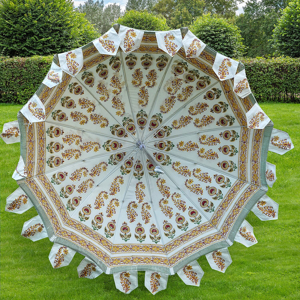 100% Cotton Canvas Block Printed Ethnic Parasol Size (6 Ft. Dia. Shade and 8 Ft. Long Pole) - Orange - Green