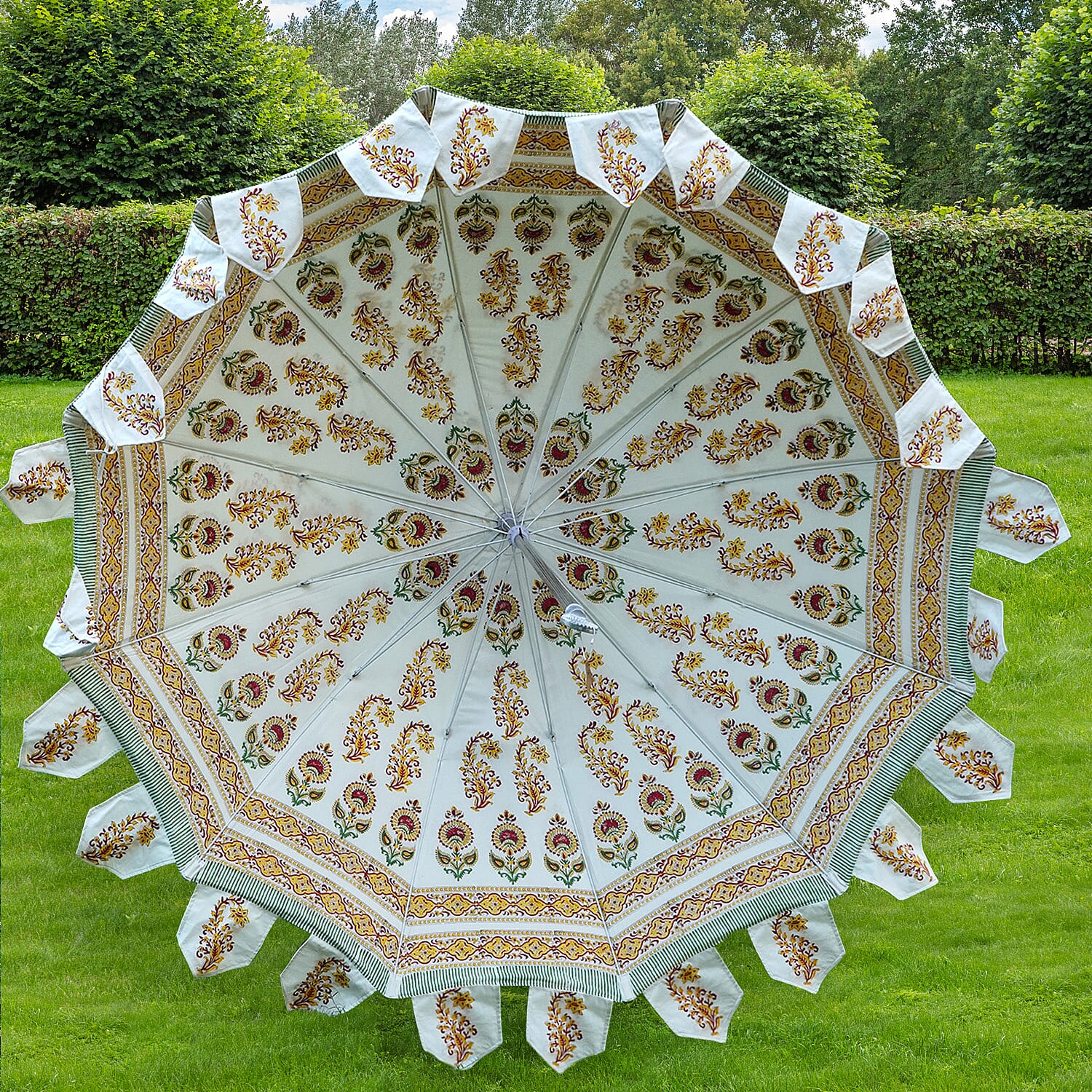 100% Cotton Canvas Block Printed Ethnic Parasol Size (6 Ft. Dia. Shade and 8 Ft. Long Pole) - Orange - Green