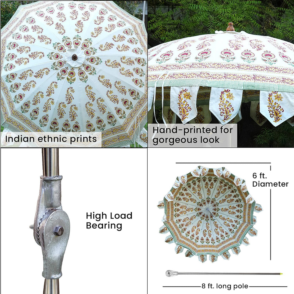 100% Cotton Canvas Block Printed Ethnic Parasol Size (6 Ft. Dia. Shade and 8 Ft. Long Pole) - Orange - Green