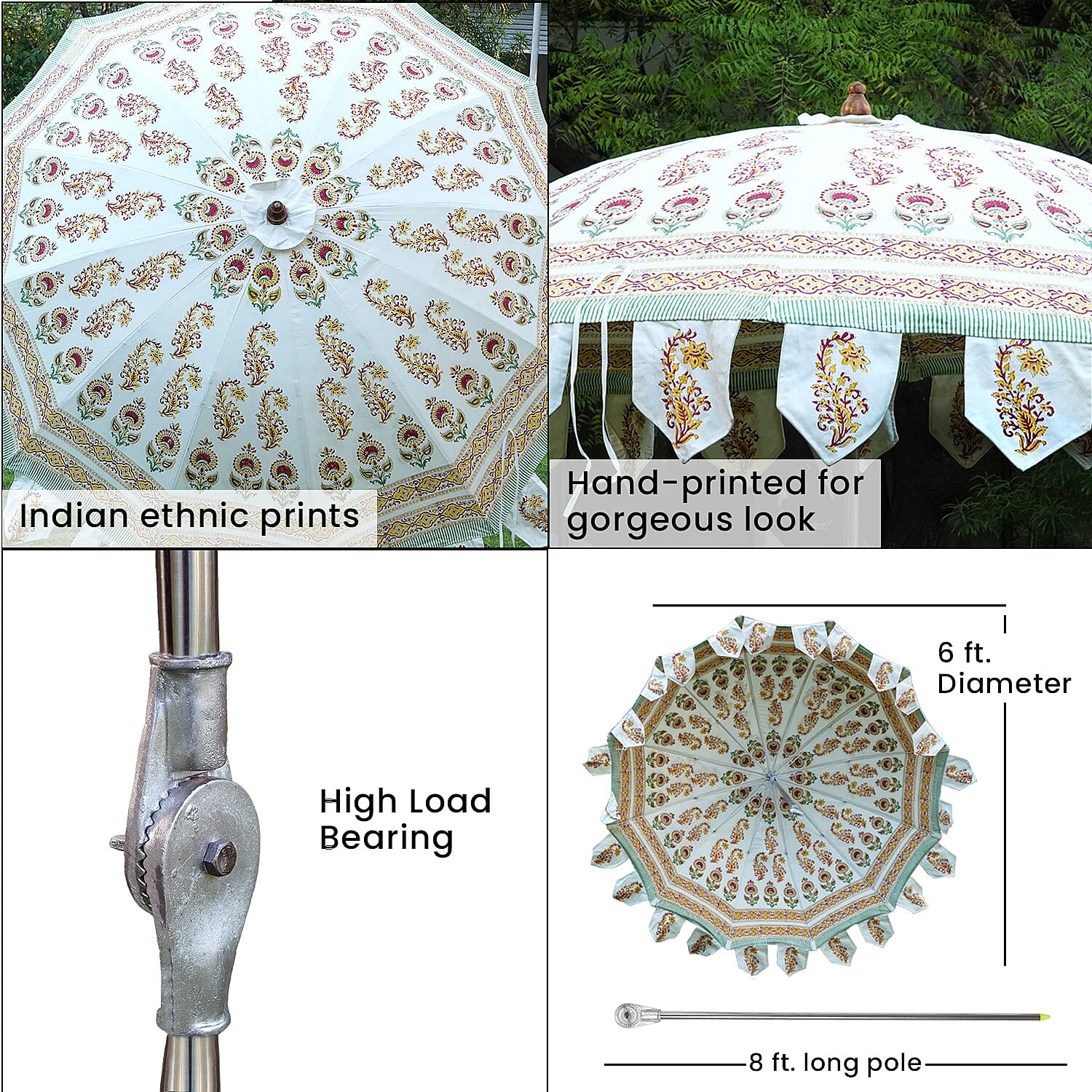 100% Cotton Canvas Block Printed Ethnic Parasol Size (6 Ft. Dia. Shade and 8 Ft. Long Pole) - Orange - Green