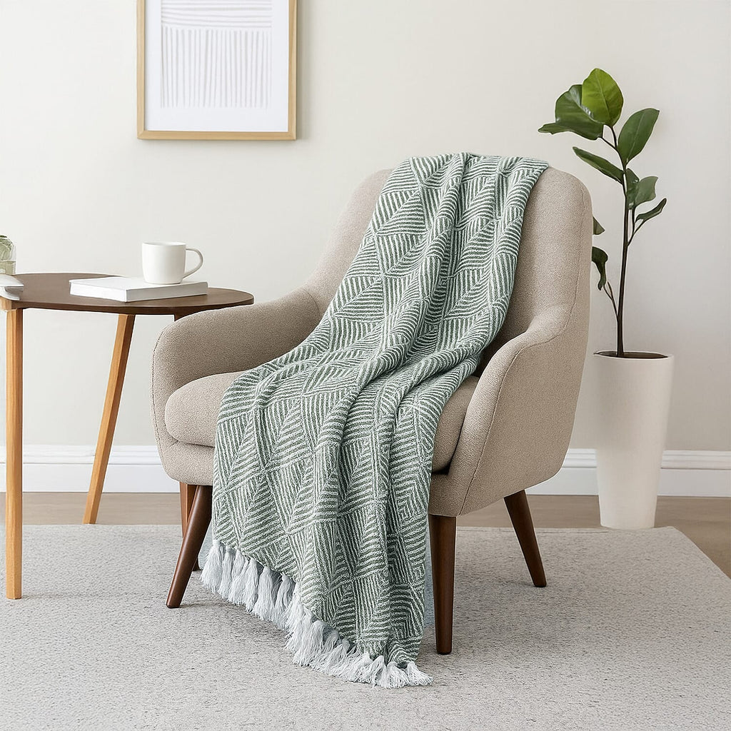 Cotton Chevron Throw Blanket (Size 130x1 cm) - Sage Green & Grey