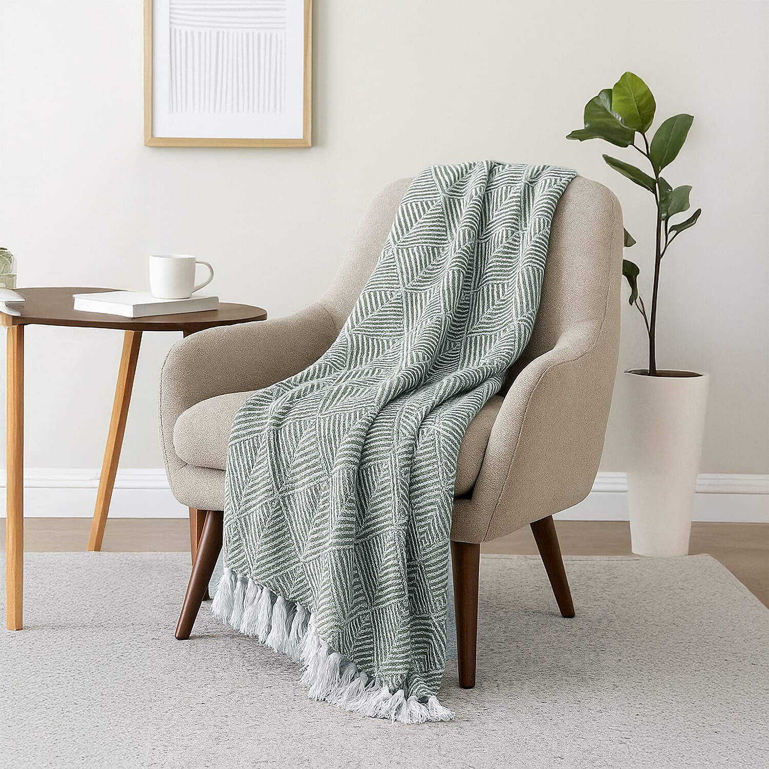 Cotton Chevron Throw Blanket (Size 130x1 cm) - Sage Green & Grey