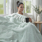 Cotton Chevron Throw Blanket (Size 130x1 cm) - Sage Green & Grey