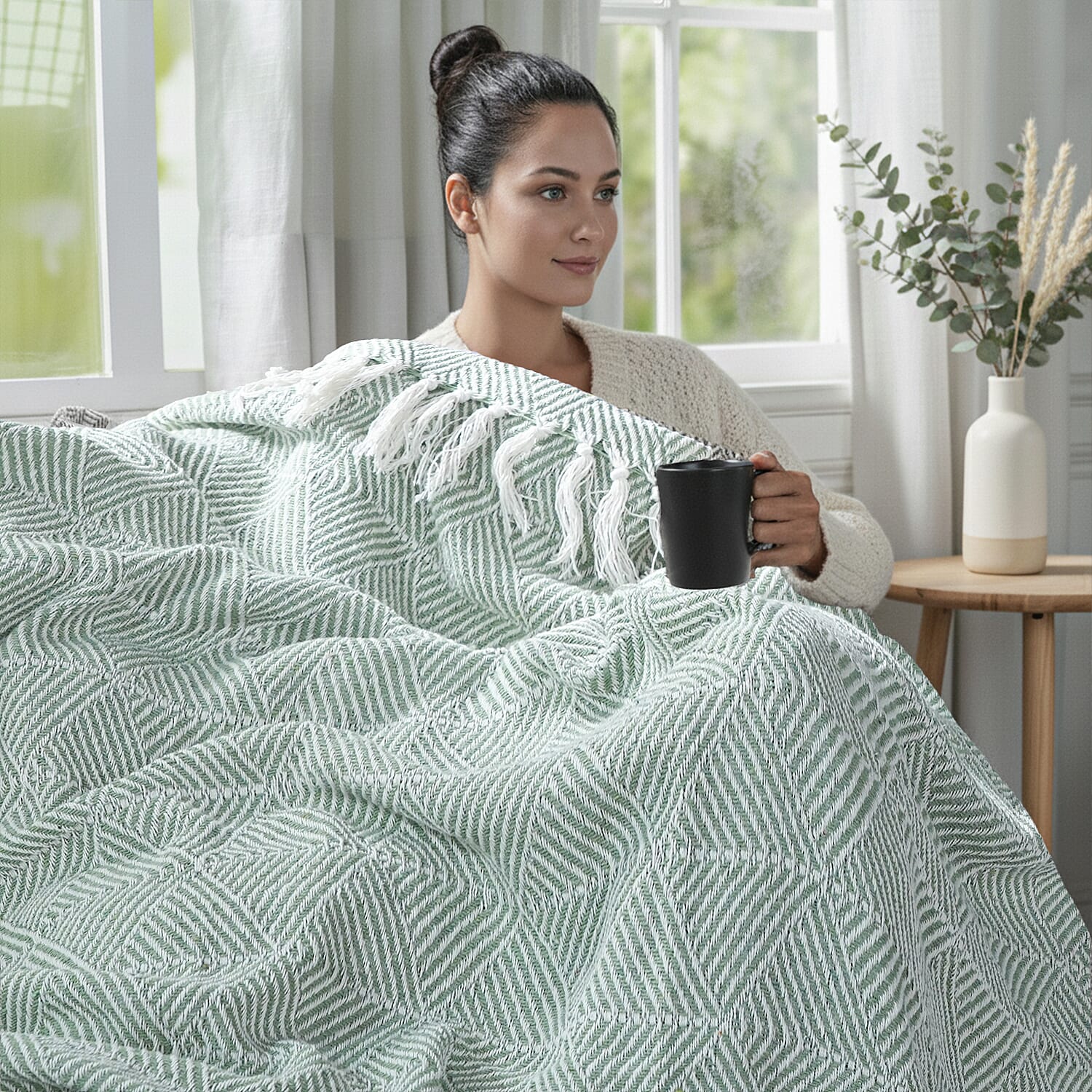 Cotton Chevron Throw Blanket (Size 130x1 cm) - Sage Green & Grey