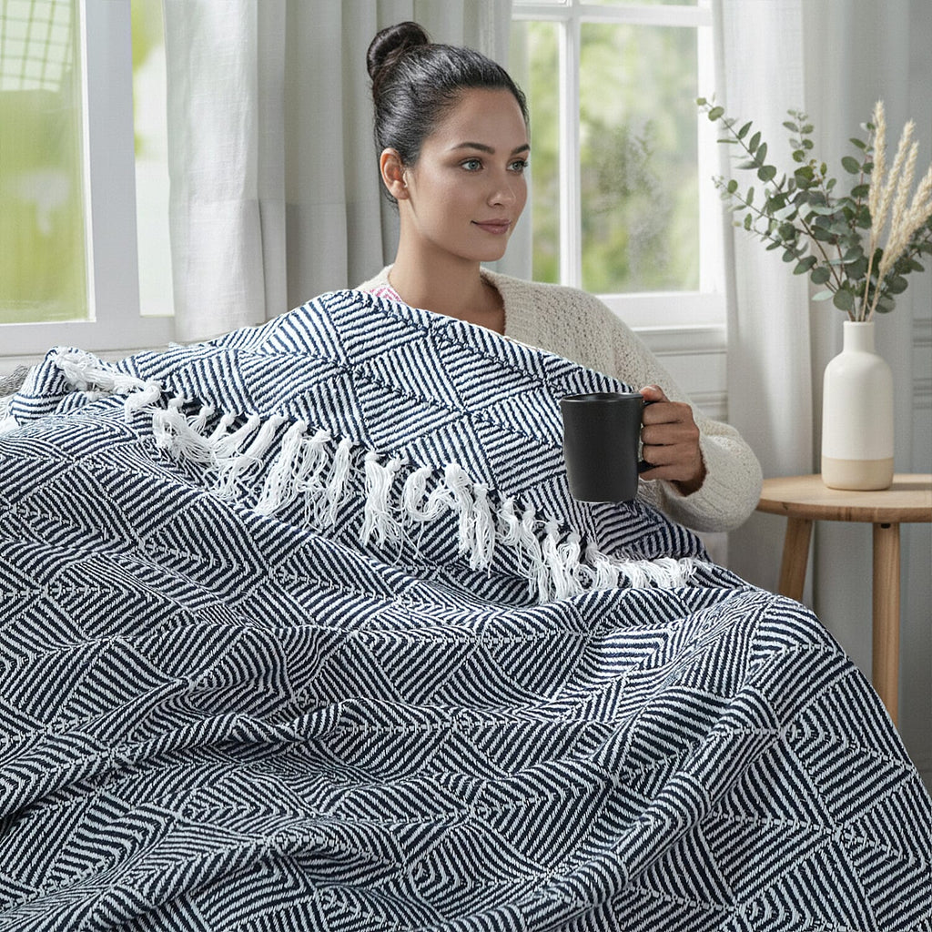Cotton Chevron Throw Blanket (Size 130x160 cm) - Navy & Grey
