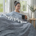 Cotton Chevron Throw Blanket (Size 130x160 cm) - Navy & Grey