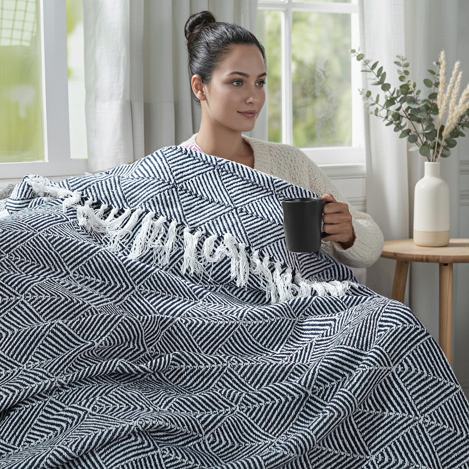 Cotton Chevron Throw Blanket (Size 130x160 cm) - Navy & Grey
