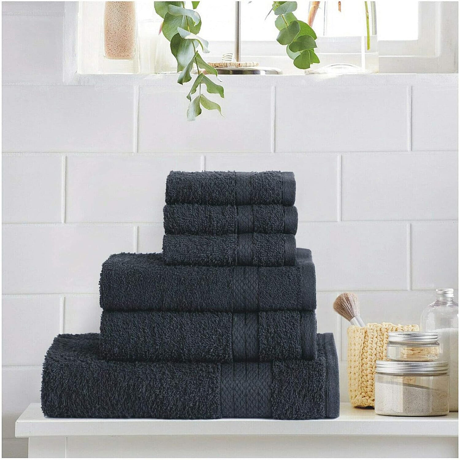 6 Piece Towel Set - 1 Bath Towel, 2 Hand Towels and 3 Washcloths Cotton Hotel Quality Super Soft and Highly Absorbent - Black